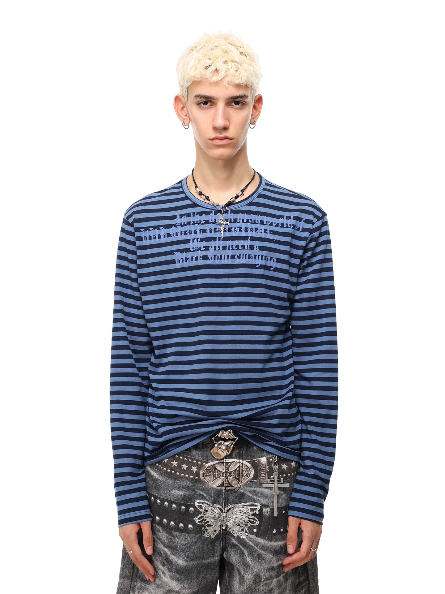 Gothic Letter Striped Long Sleeve Tee