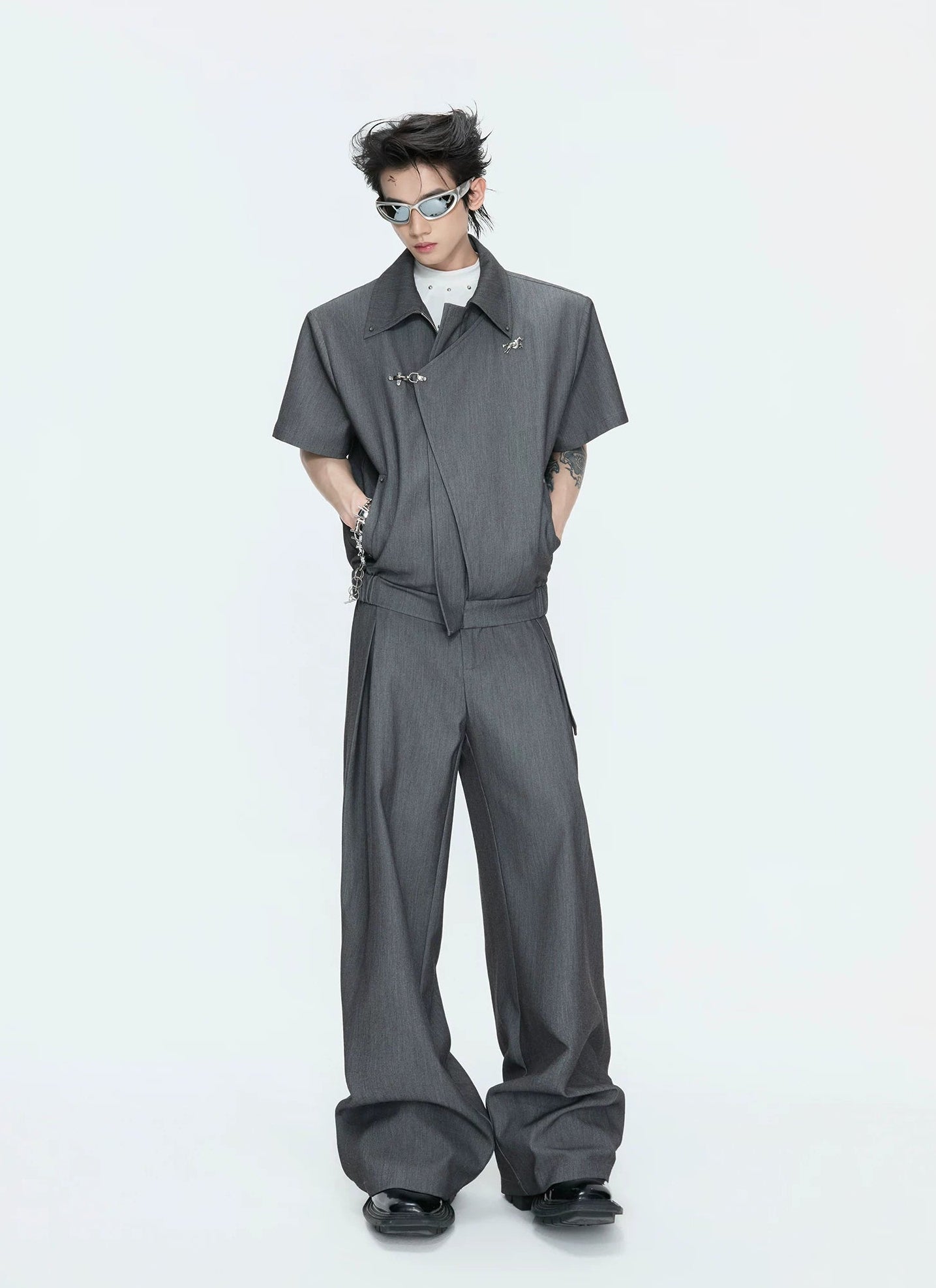 【26s May】Asymmetric Layered Cropped Shoulder Jacket Set