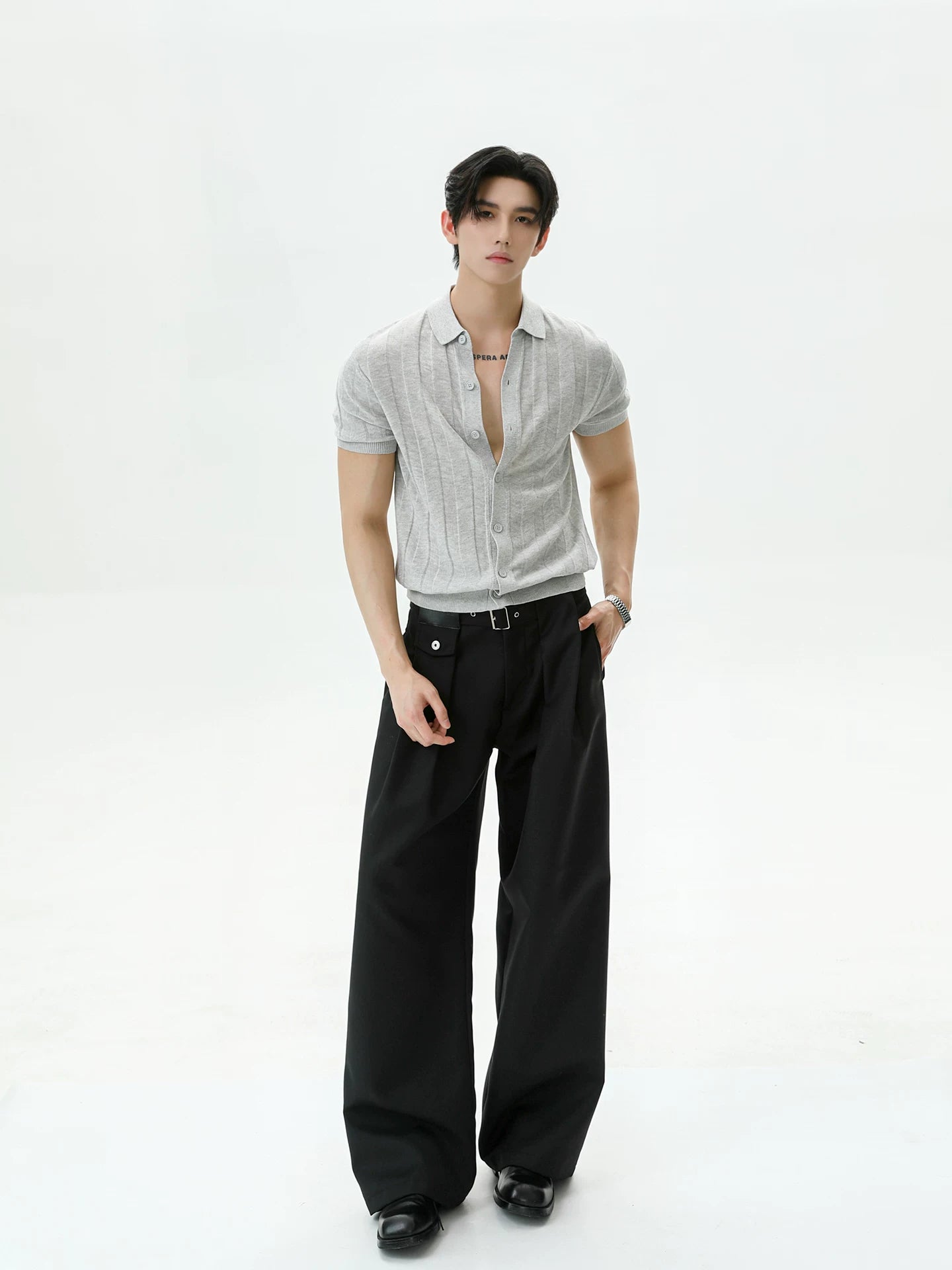 Ribbed Lyocell Knit Polo Cardigan