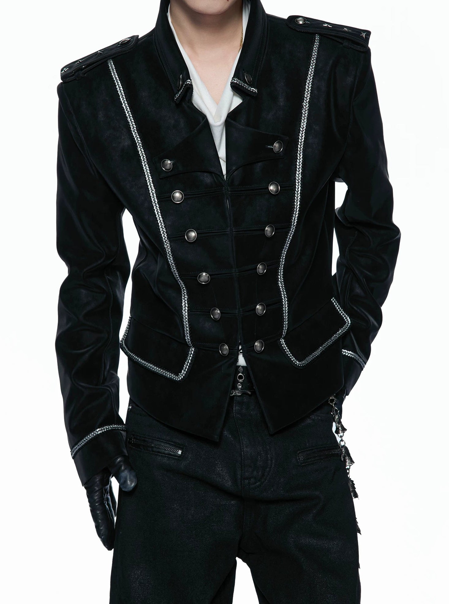 Silver Black Matte Leather Double-Breasted Structured Jacket