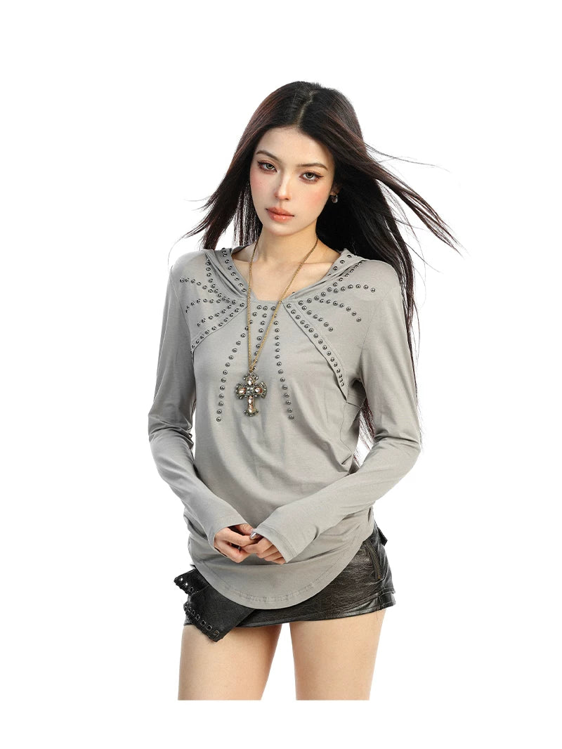 【26s Feb.】Studded Hooded Long-Sleeve Waist-Fit Top