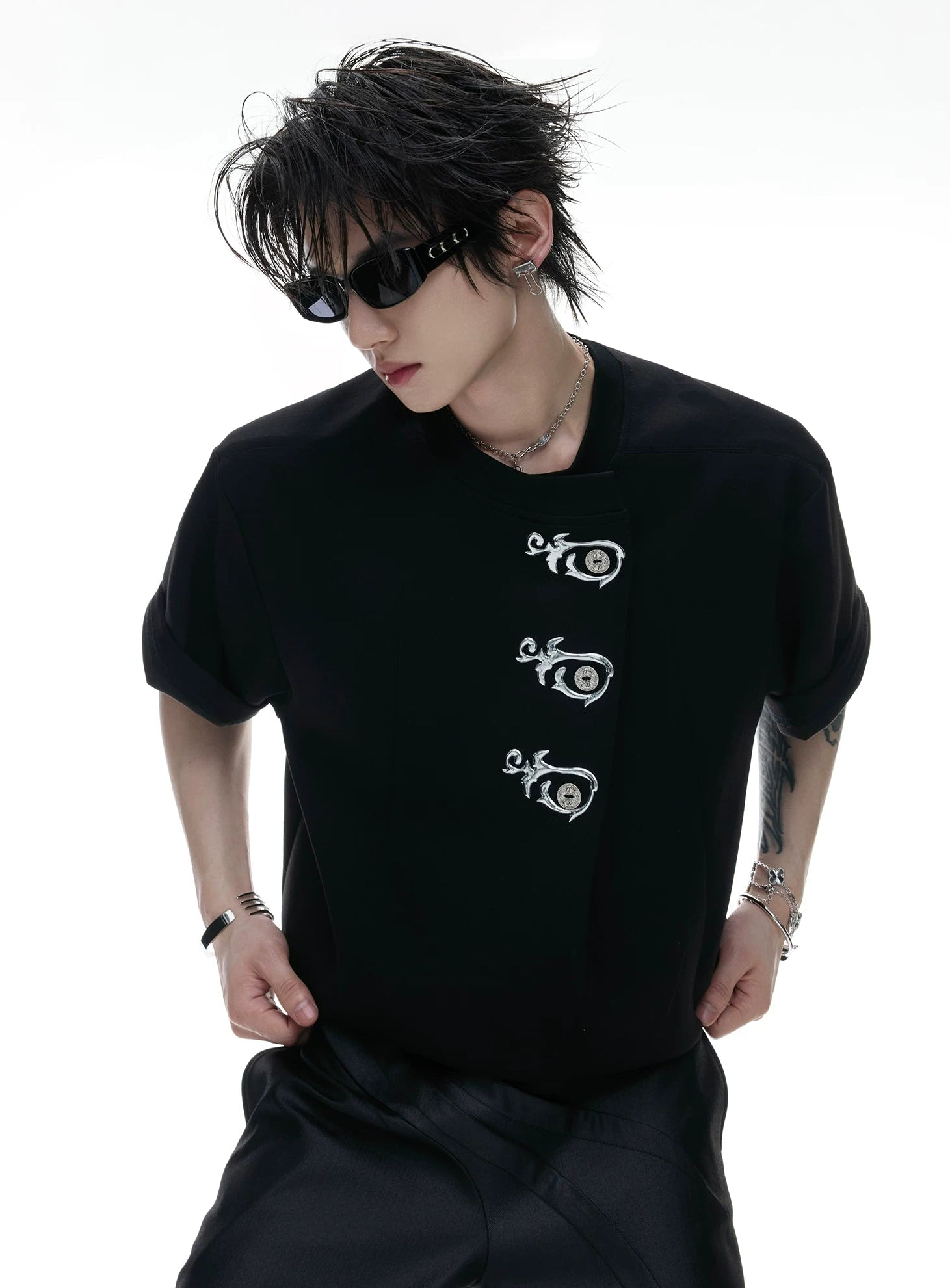 Asymmetric Placket Embroidered Tee