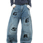【25s Aug.】Letter Embroidered Washed Curved-Cut Jeans