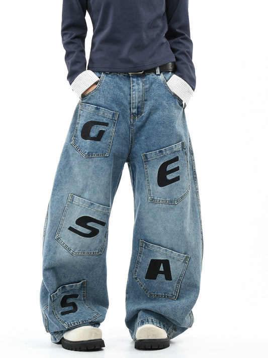 【25s Aug.】Letter Embroidered Washed Curved-Cut Jeans