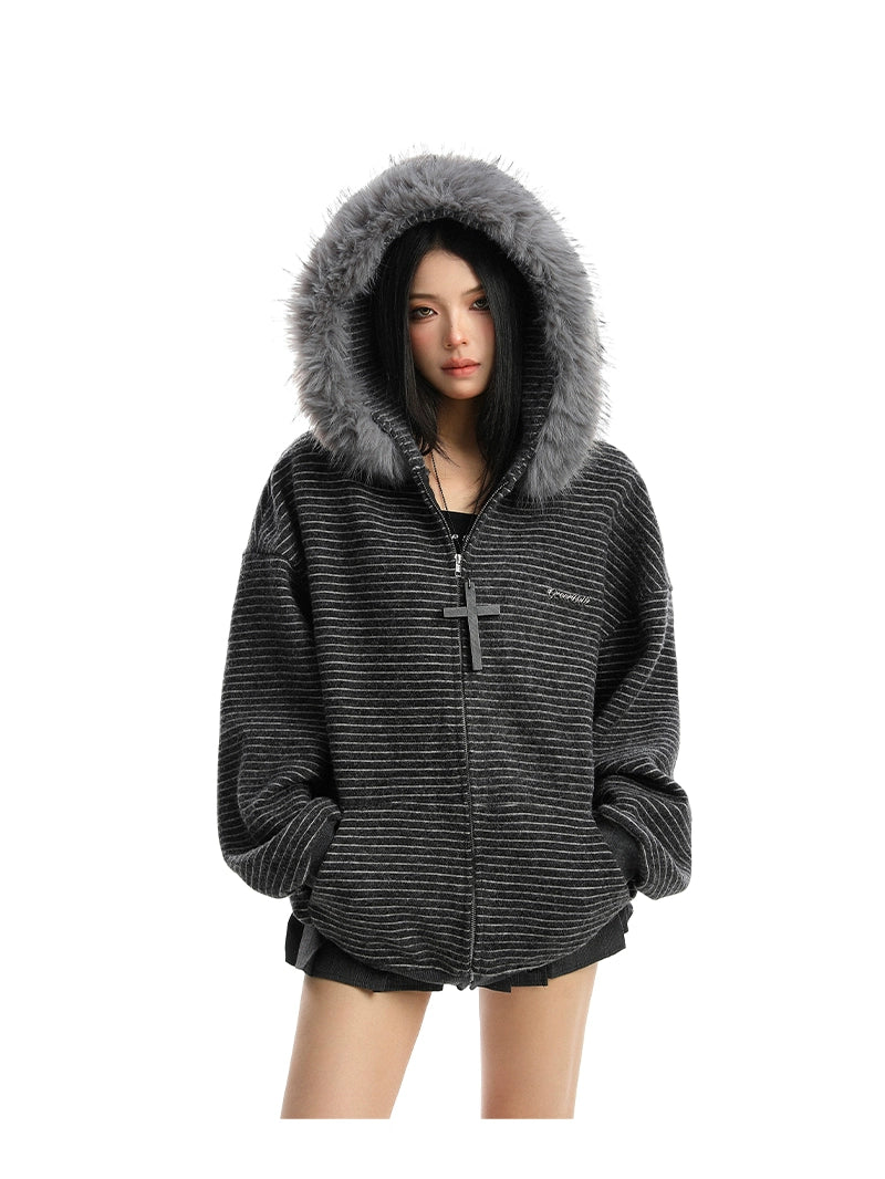 【25s Nov.】Striped Detachable Fur Collar Hooded Sweatshirt