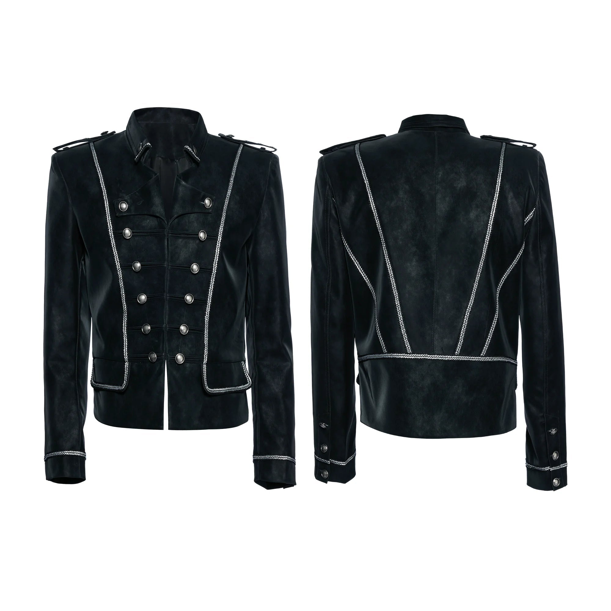 Silver Black Matte Leather Double-Breasted Structured Jacket