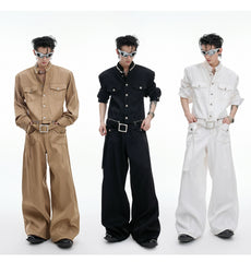 【25s Aug.】Pearl Embellishment Elegant Collarless Loose Denim Jacket / Jeans