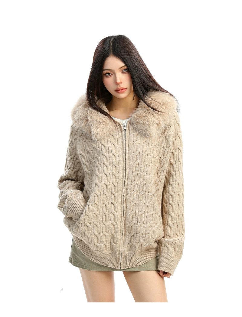 【25s Dec.】Detachable Fur Collar Cable Knit Hooded Sweater