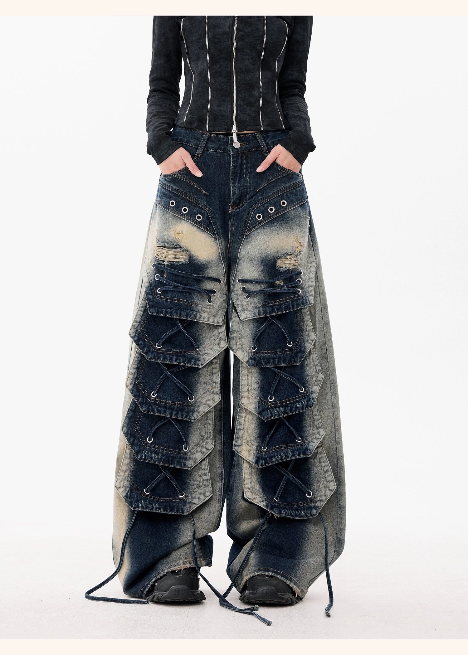 【25s Dec.】Distressed Patchwork Punk Wasteland Style Jeans