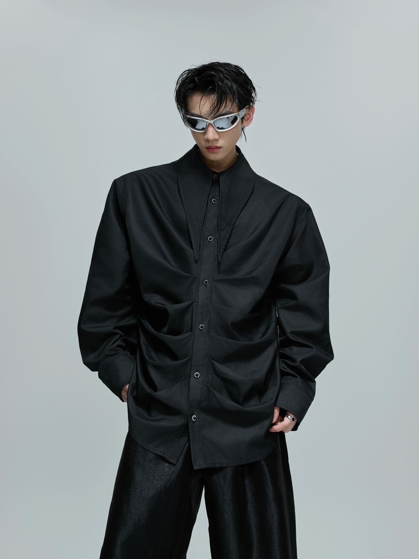 French Neckline Multi-layered Pleated Silk Scarf Shirt