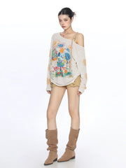 【26s May】Graffiti Sketch Asymmetric Shoulder Long Sleeve Top