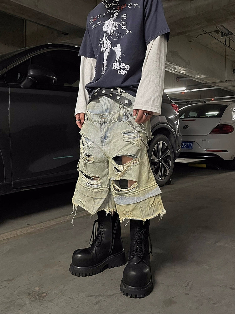 【25s Jun.】Double Waistband Dirty Wash Distressed Denim Shorts