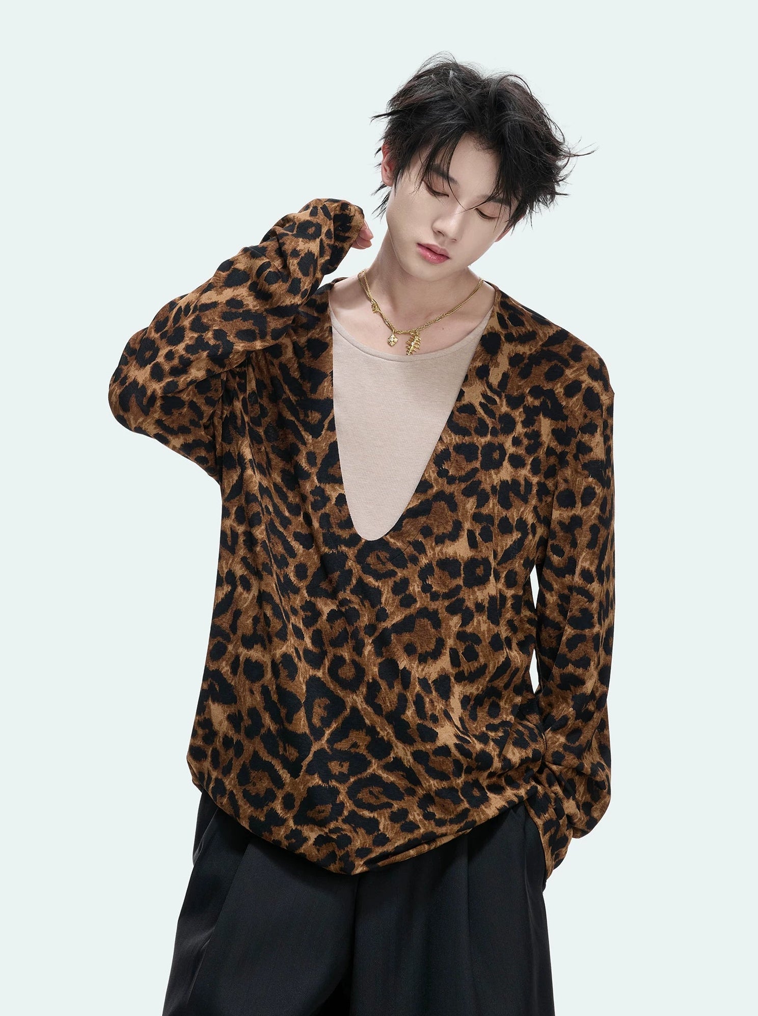 Leopard Texture Layered V-Neck Tee