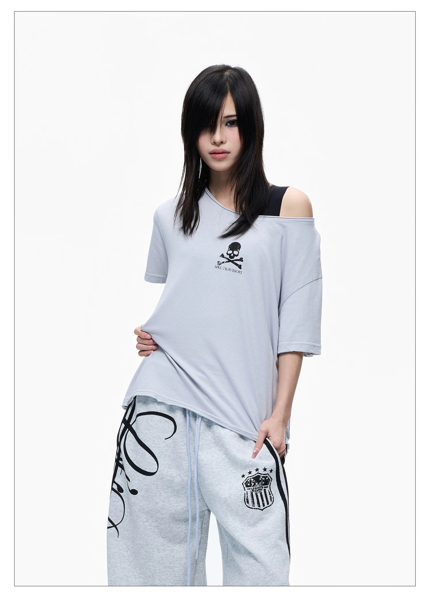 Skull Graphic Layered Off-Shoulder Tee