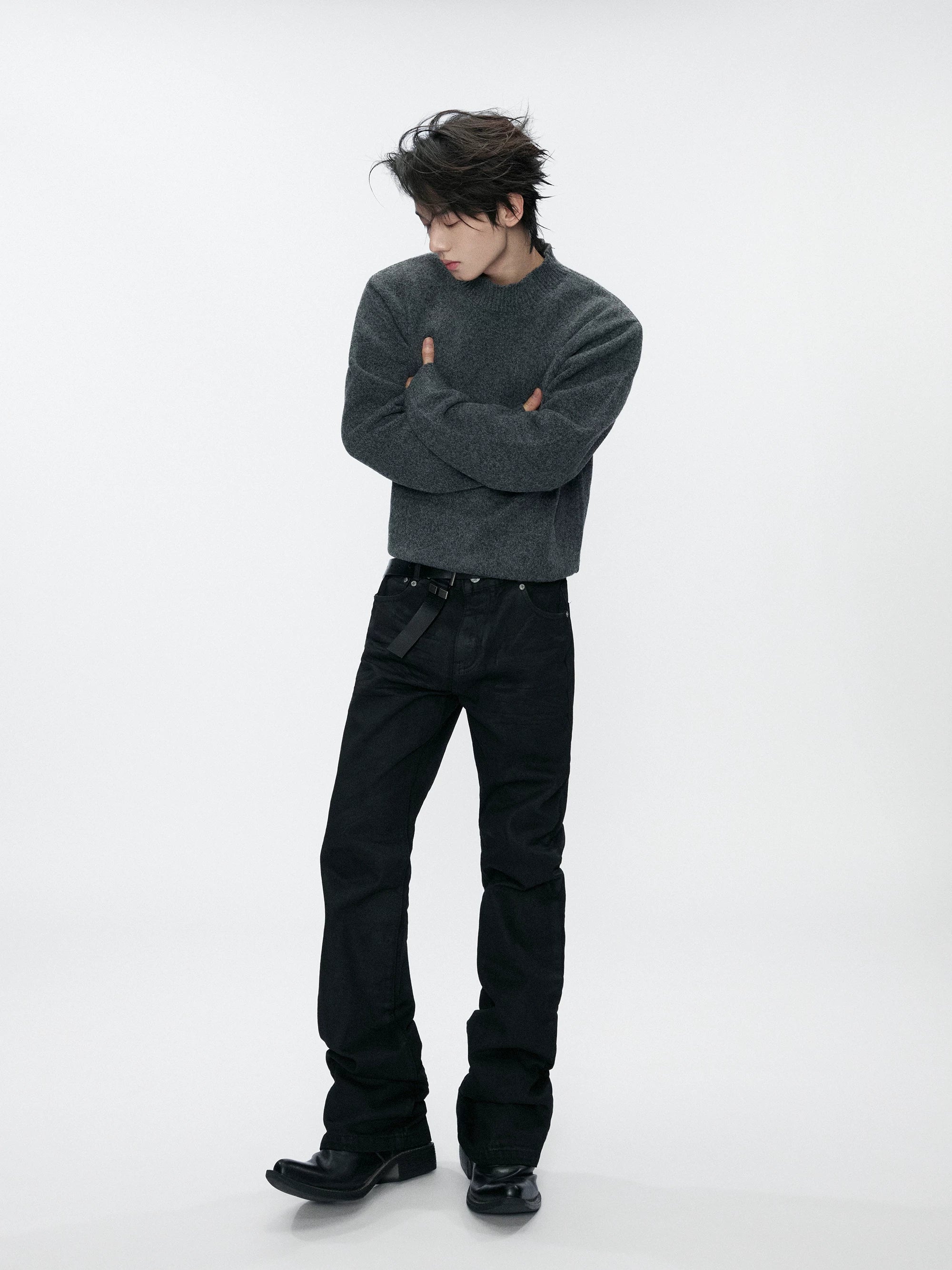 Wool Blend Ribbed Knit Sweater