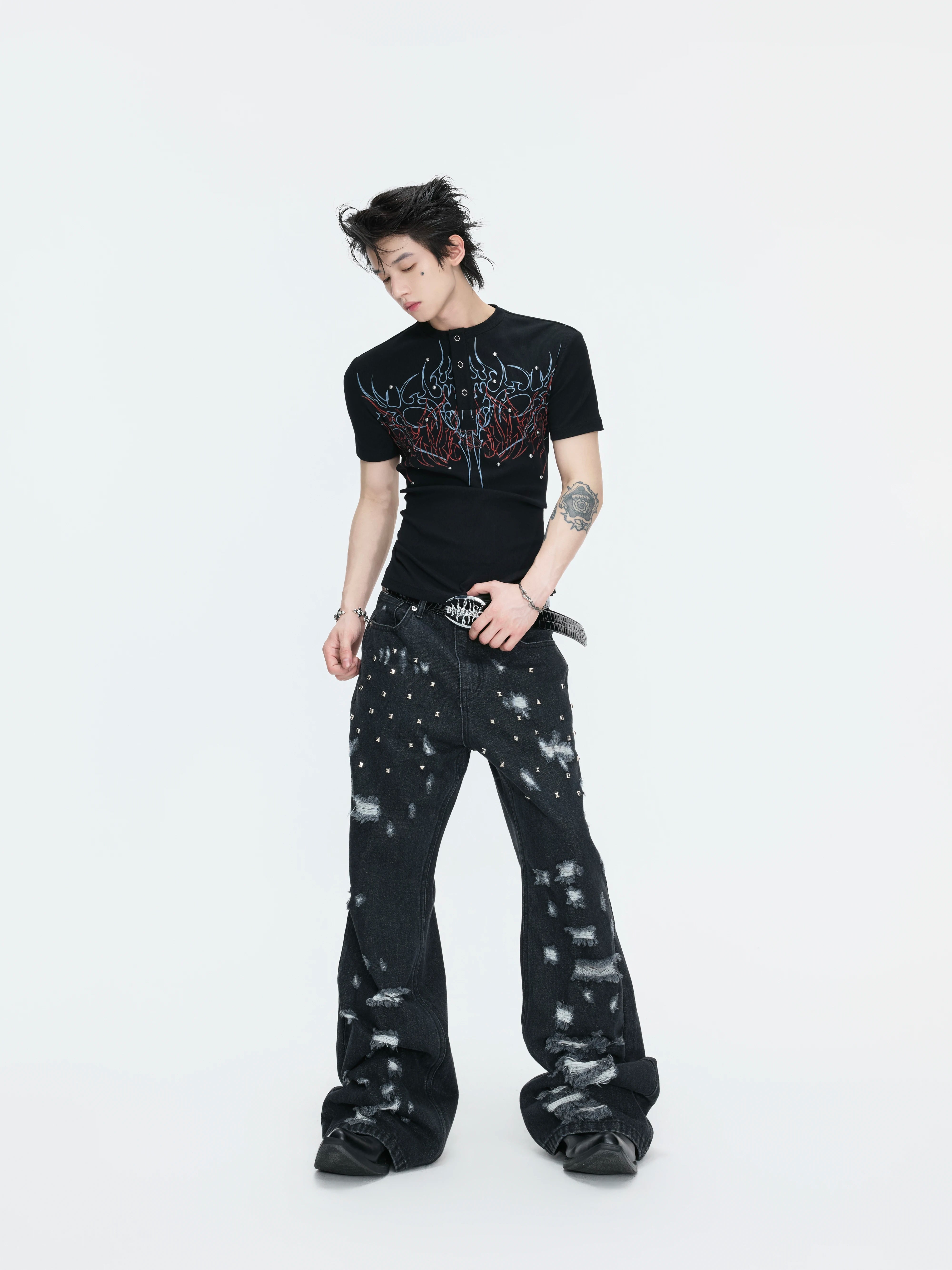 Gothic Flame Studded Slim Tee