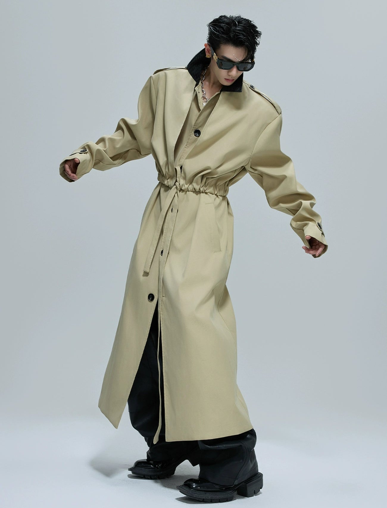 【25s Nov.】Long Patchwork Leather Casual Trench Coat