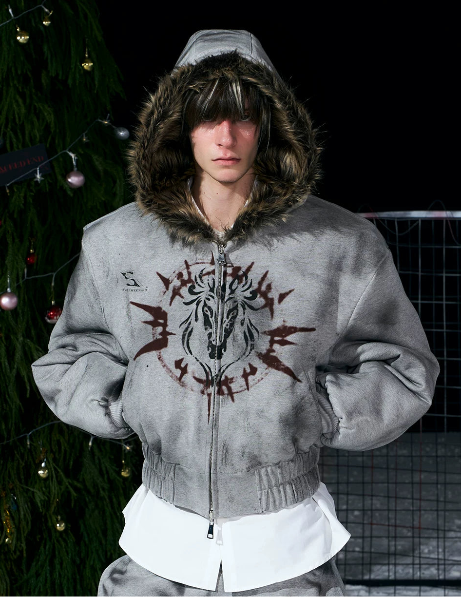 Reversible Hand-painted Thorn Plush Sweatshirt Jacket