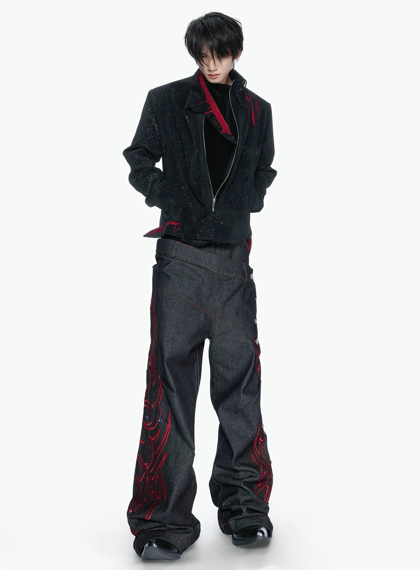 Black Red Raw Denim Embellished Jeans