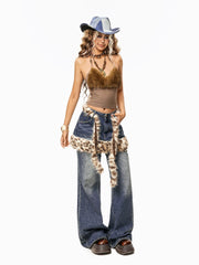 【26s Jan.】Leopard Faux-Layer Fur Panel Wide-Leg Denim Pants