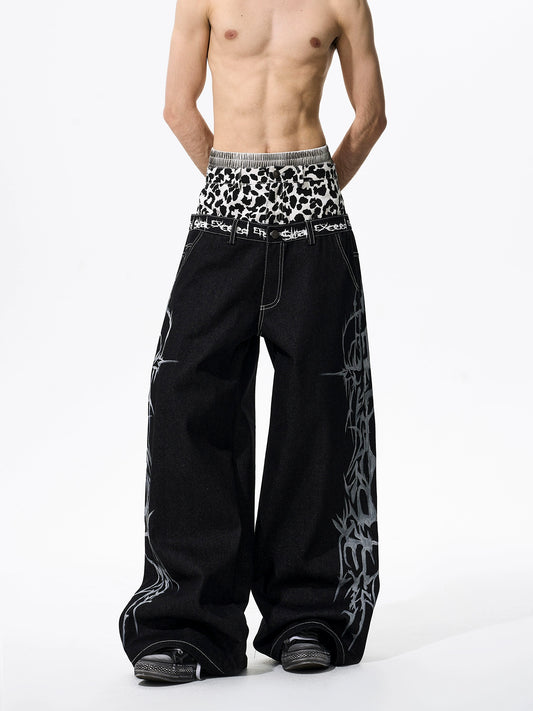Hand-painted Thorn Leopard Print Double Waistband Jeans