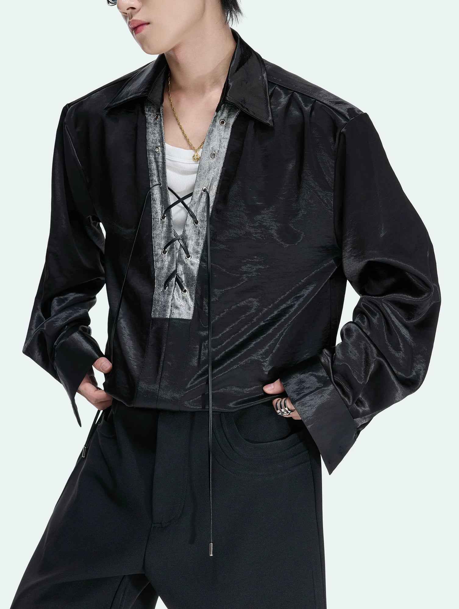 Contrast Lace-Up Satin V-Neck Shirt