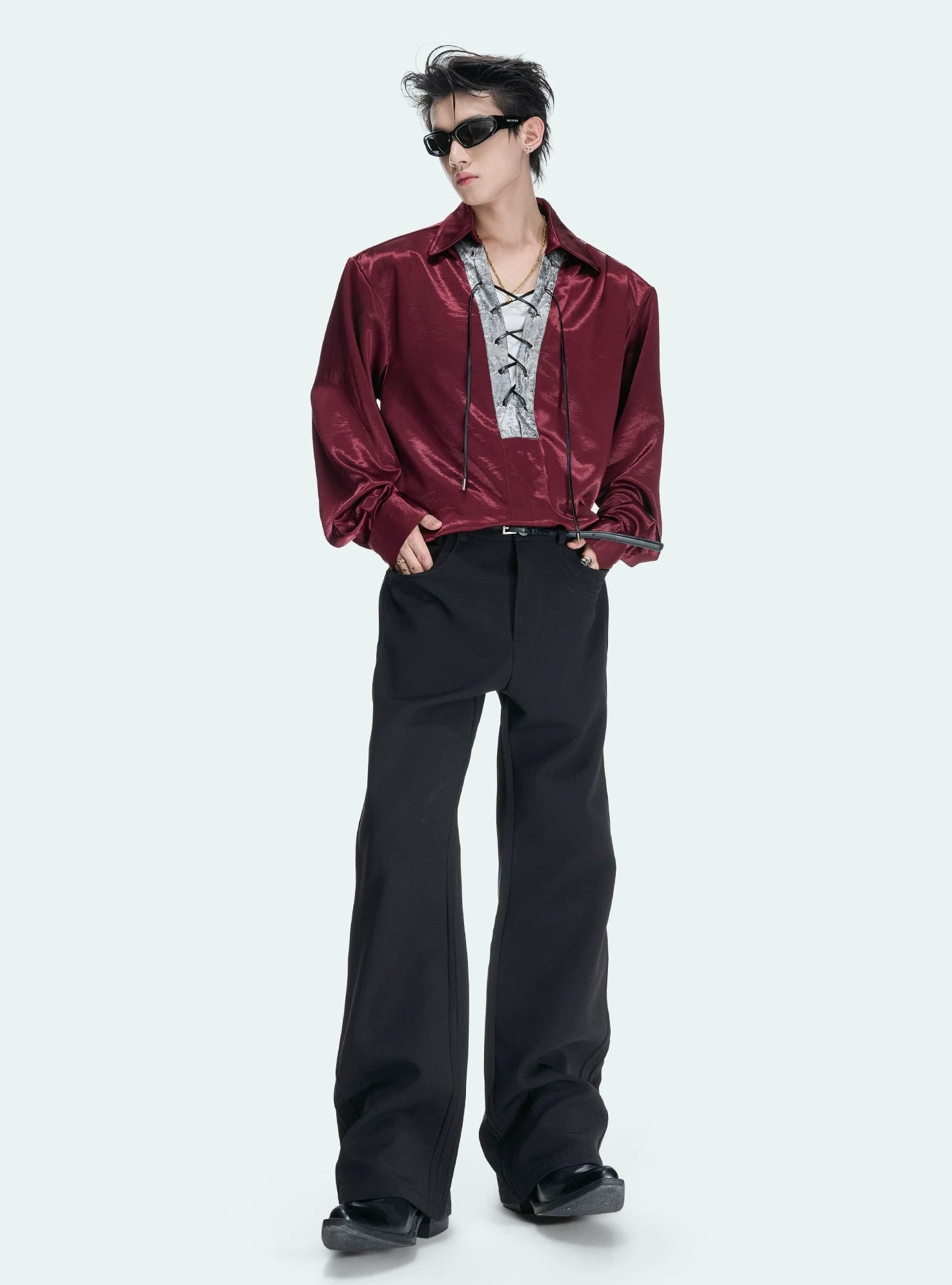 Contrast Lace-Up Satin V-Neck Shirt