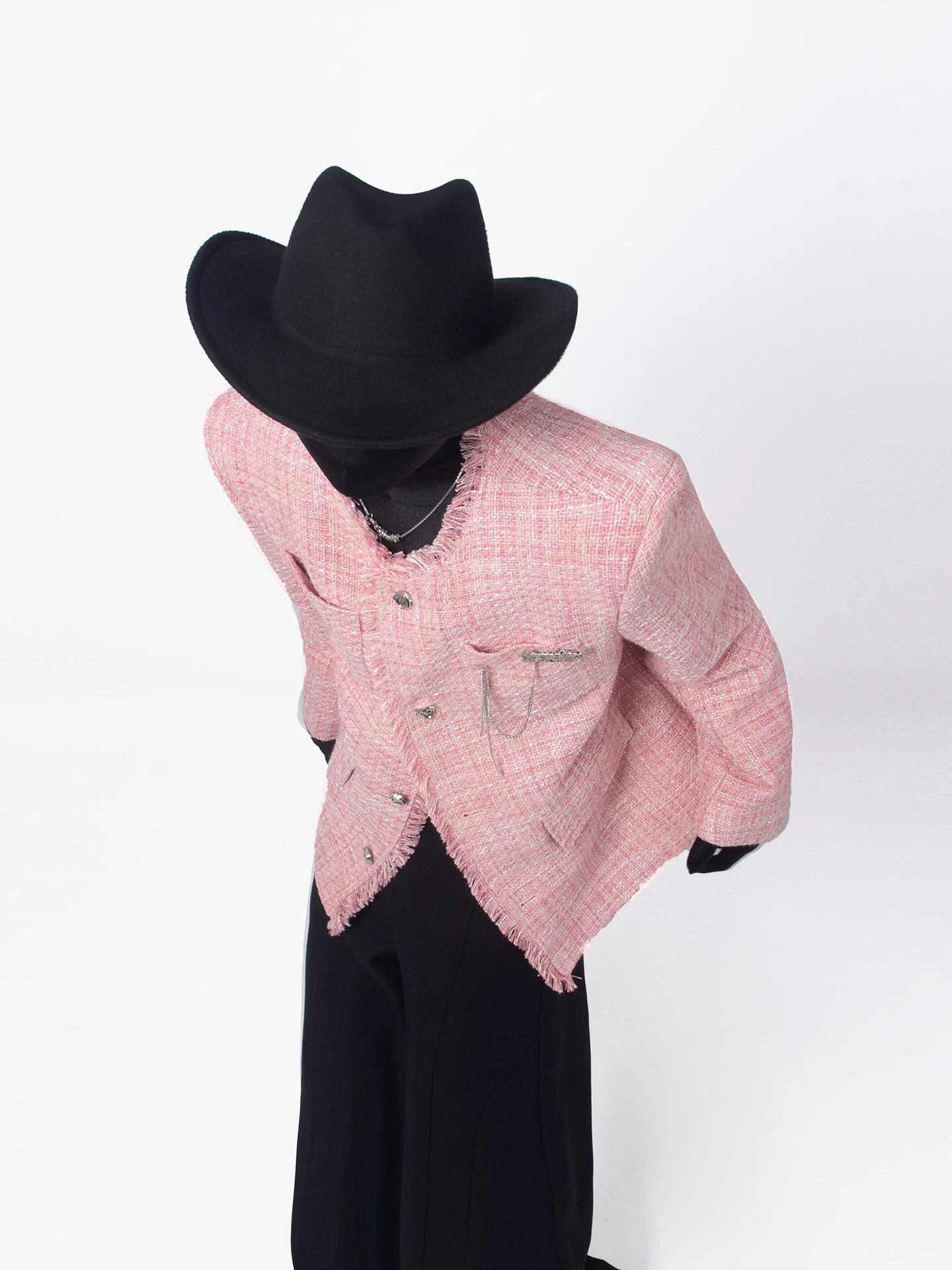 Frayed Trim Cropped Tweed Jacke