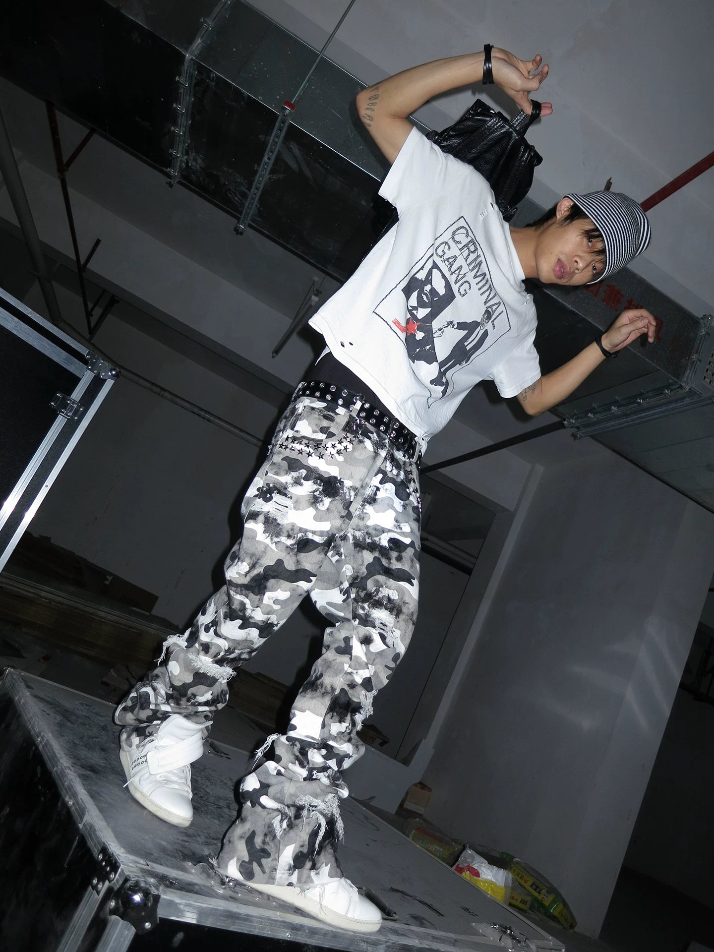 Waxed Camo Curved Flared Pants