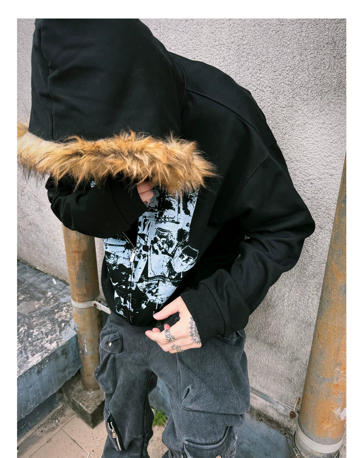 【26s Jan.】Vintage Printed Fur-Trim Zip-Up Hoodie Jacket