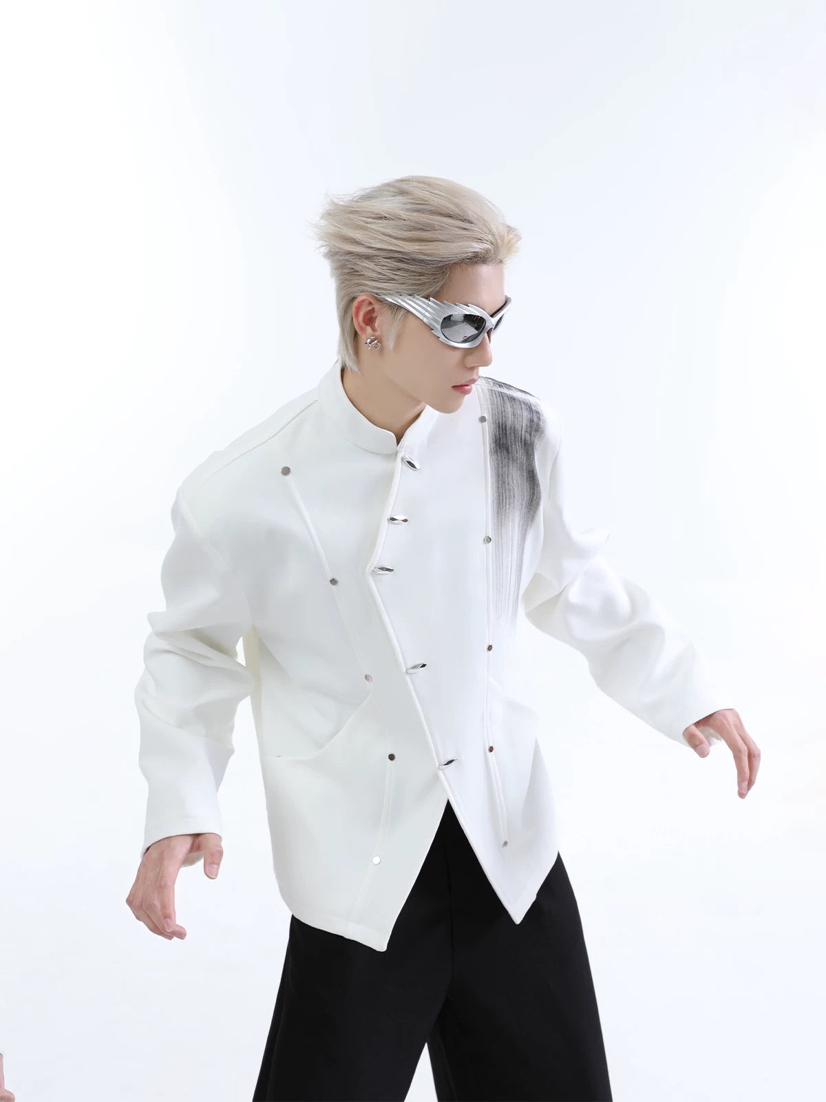 【26s Jan.】Ink-Splashed Stand Collar Metal-Detail Blazer Jacket