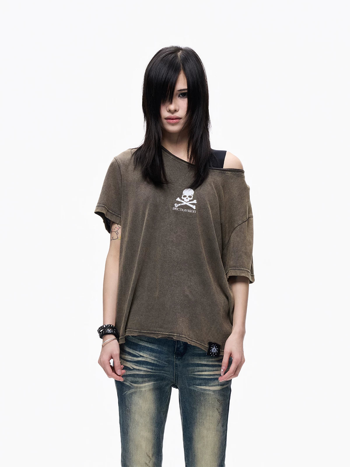 Skull Graphic Layered Off-Shoulder Tee