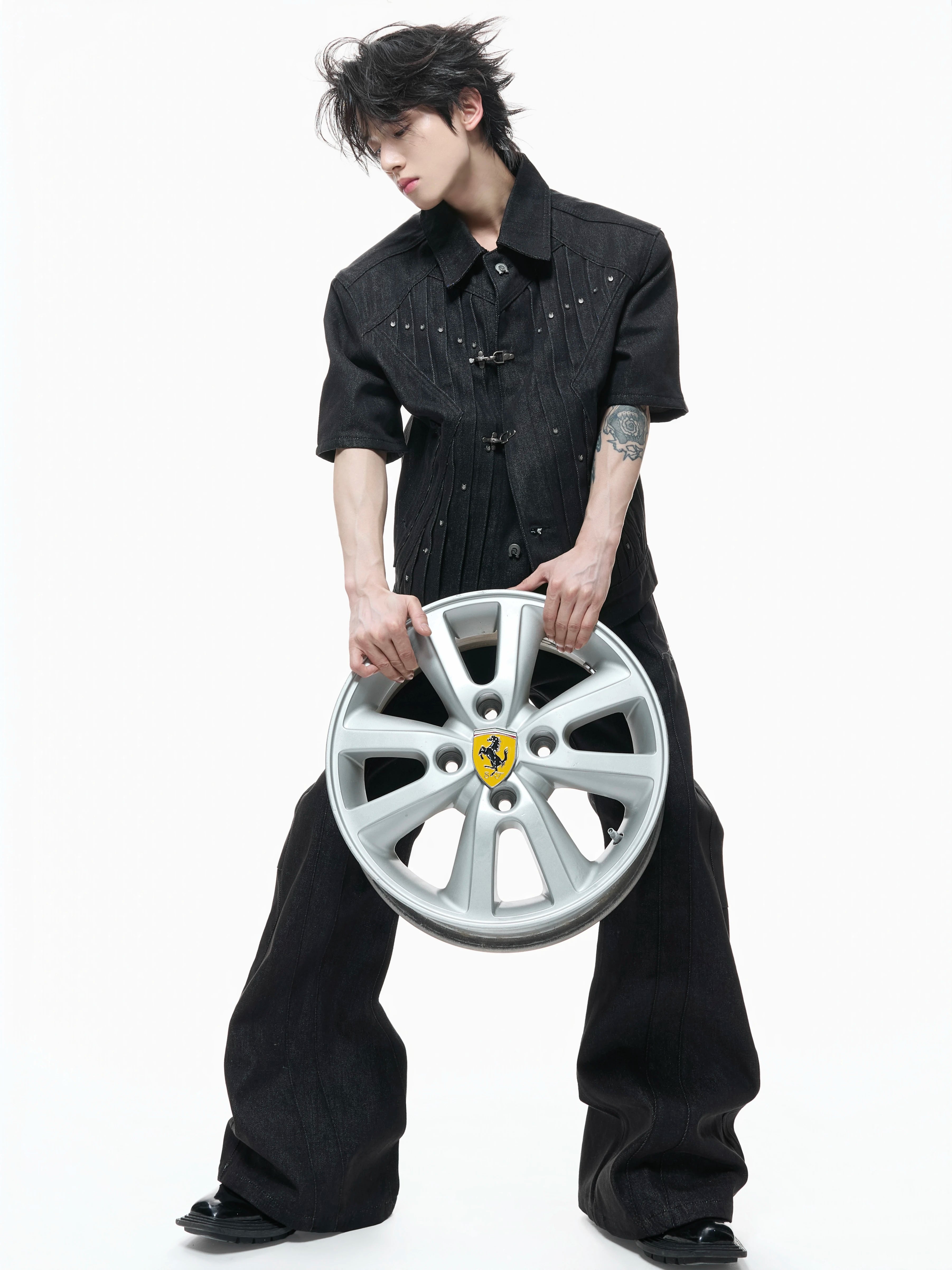 【26s Apr.】Horseshoe-Buckle Ruched Short-Sleeve Denim Jacket / Jeans