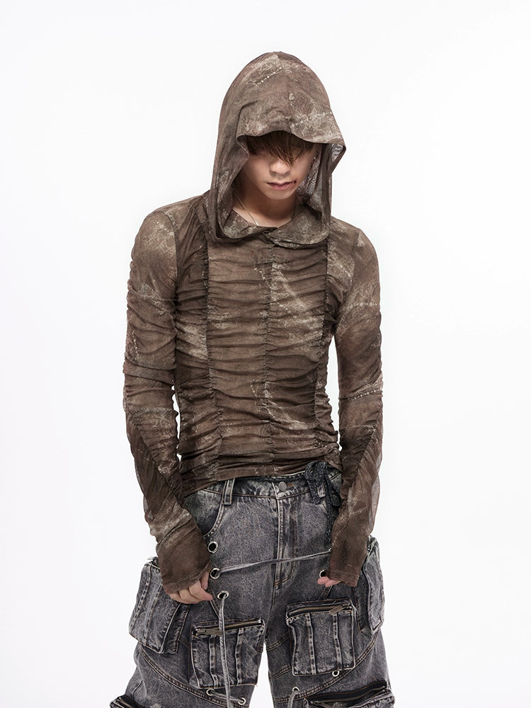 【25s Jul.】Printed Mesh Ruched Ice Silk Hooded Top