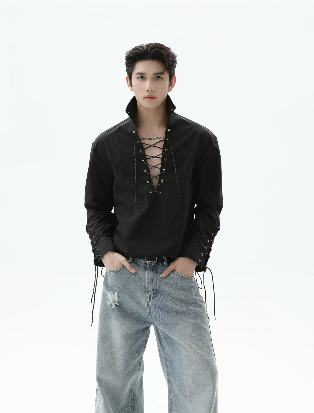 【25s Sep.】Deep V-neck Solid Color Tie-string Shirt