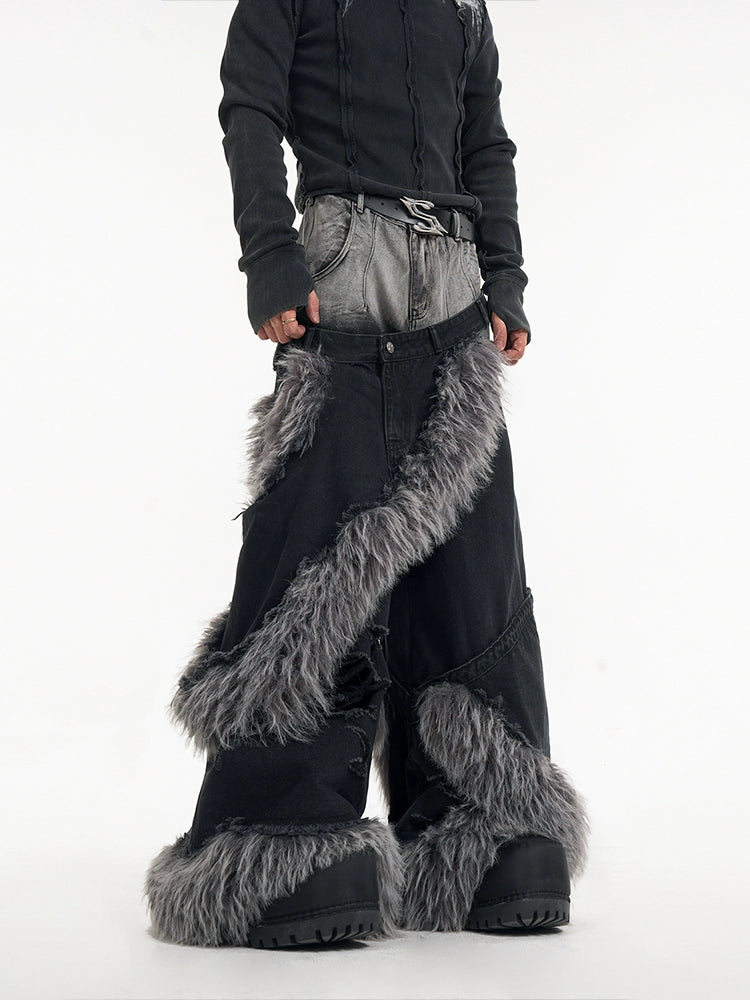 【25s Jan.】Double Waist Fur Patchwork Ripped Floor-length Pants Trendy