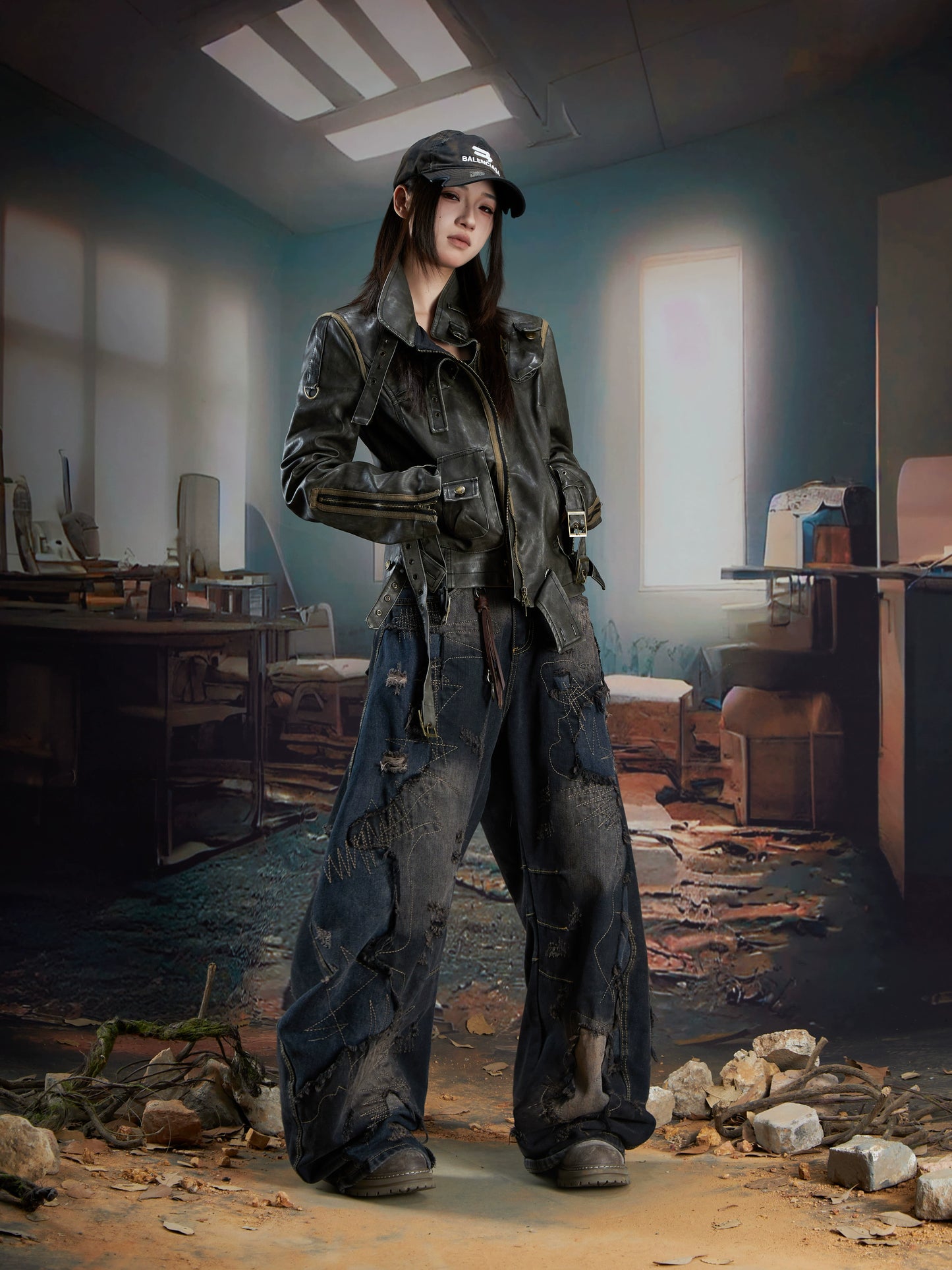 Deconstructed Patchwork Stand-up Collar Rubbed Distressed Jacket
