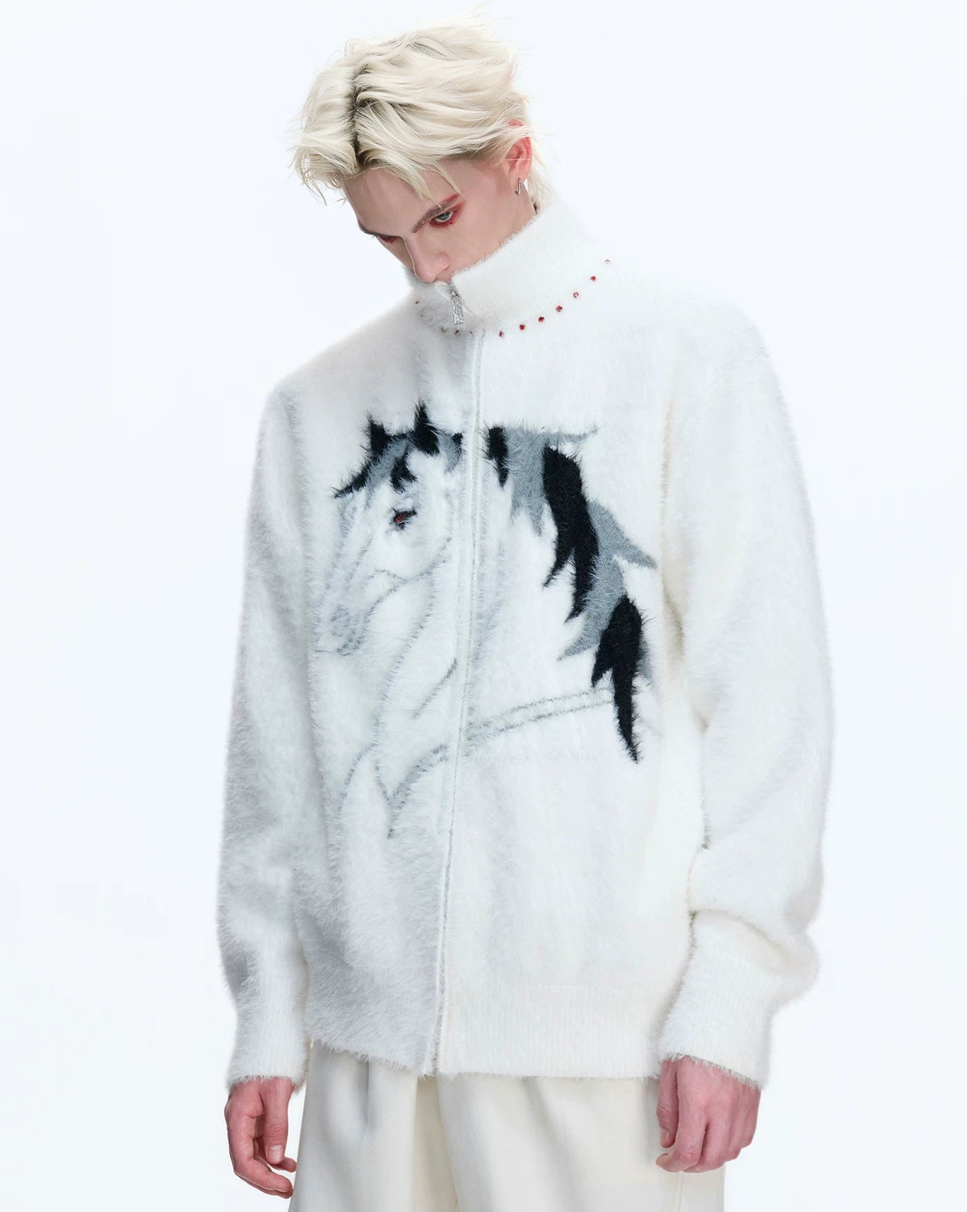 【26s Jan.】High-neck Horse Pattern Knit Cardigan