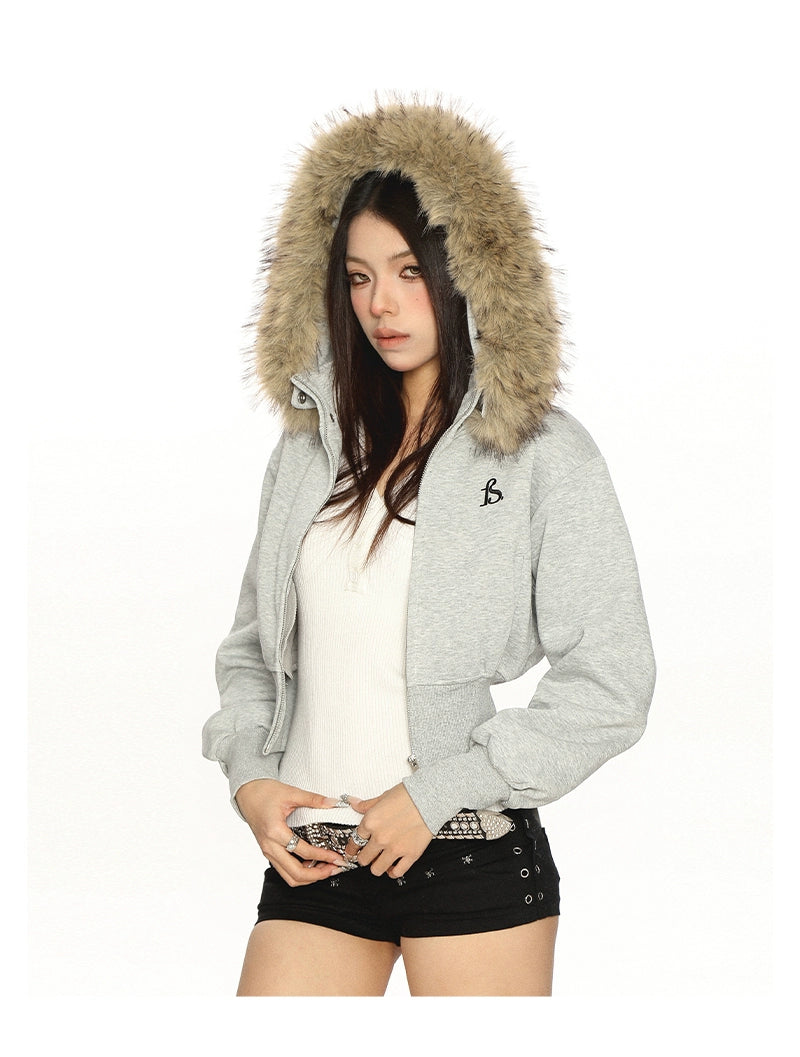【25s Nov.】Detachable Fur Collar Hooded Short Jacket