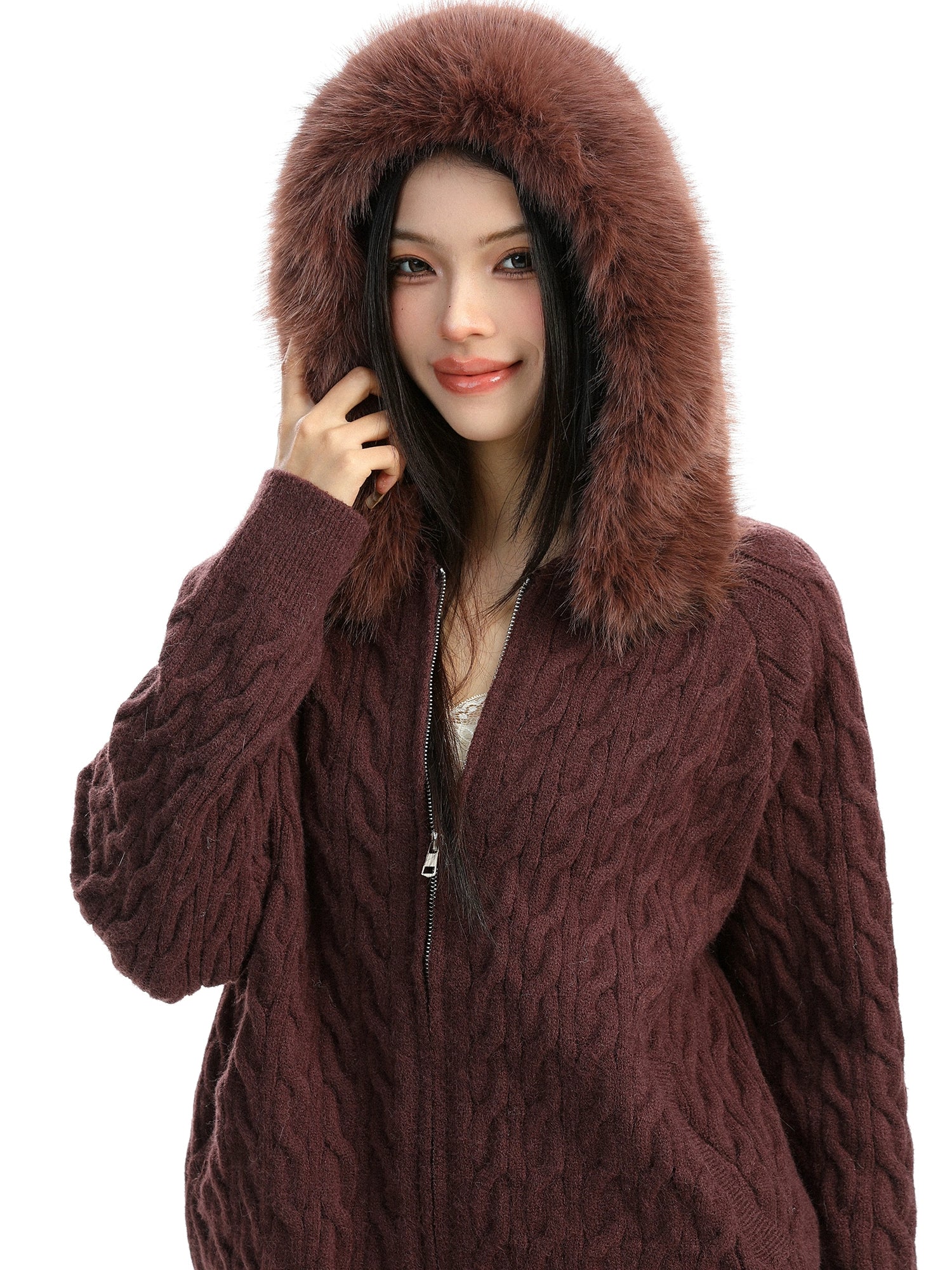 【25s Dec.】Detachable Fur Collar Cable Knit Hooded Sweater