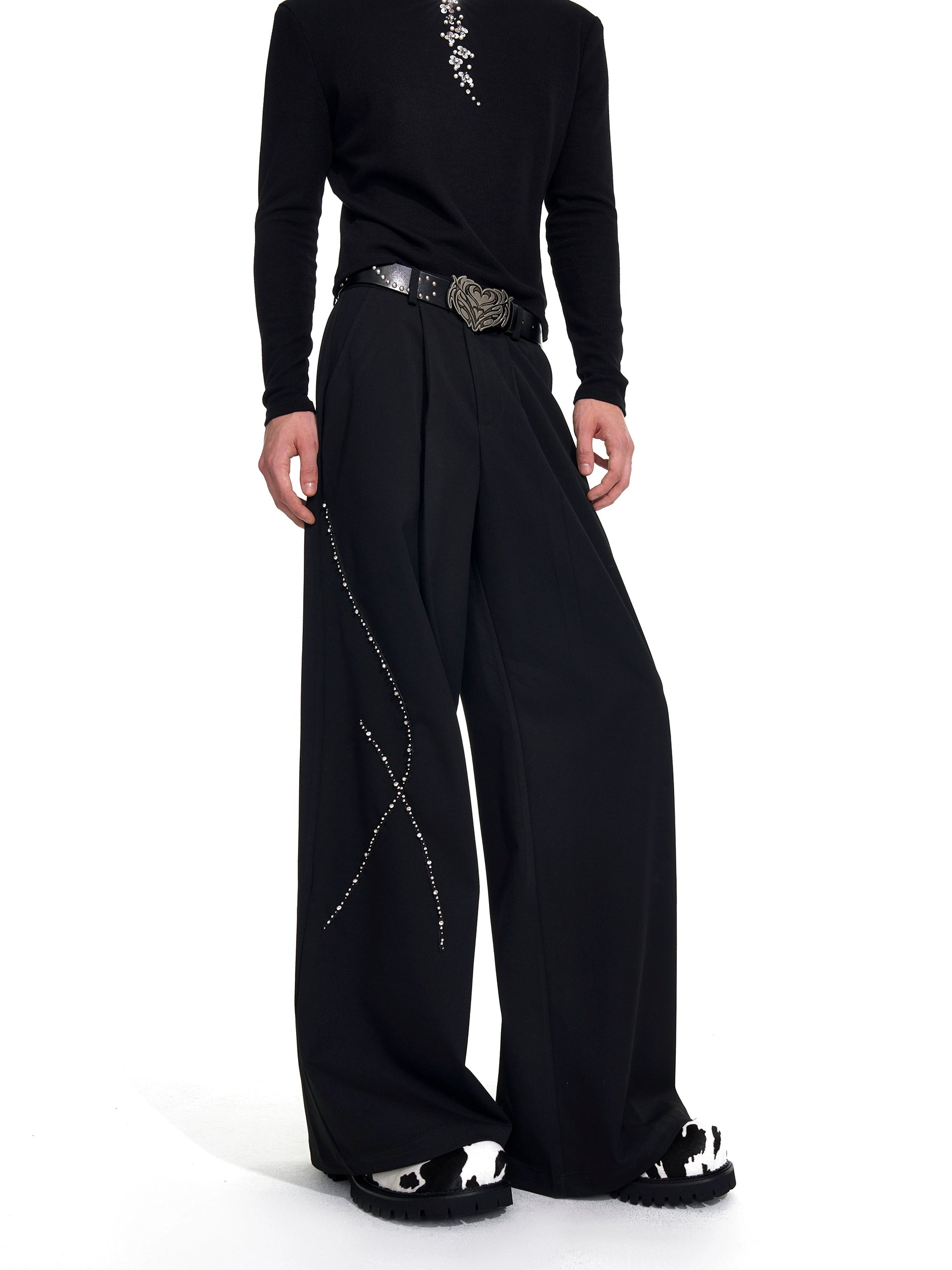 【25s Sep.】Patchwork Rhinestone Draped Suit Pants
