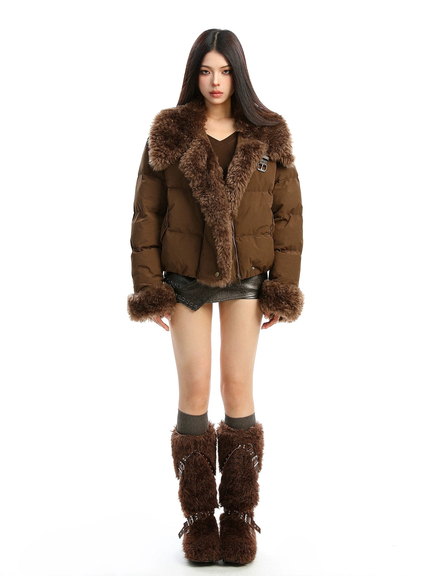 【25s Dec.】Large Fur Collar Patchwork Padded Jacket