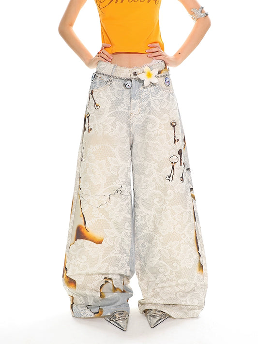 【25s Jun.】Burnout Lace Print Heavyweight Denim Wide-Leg Pants