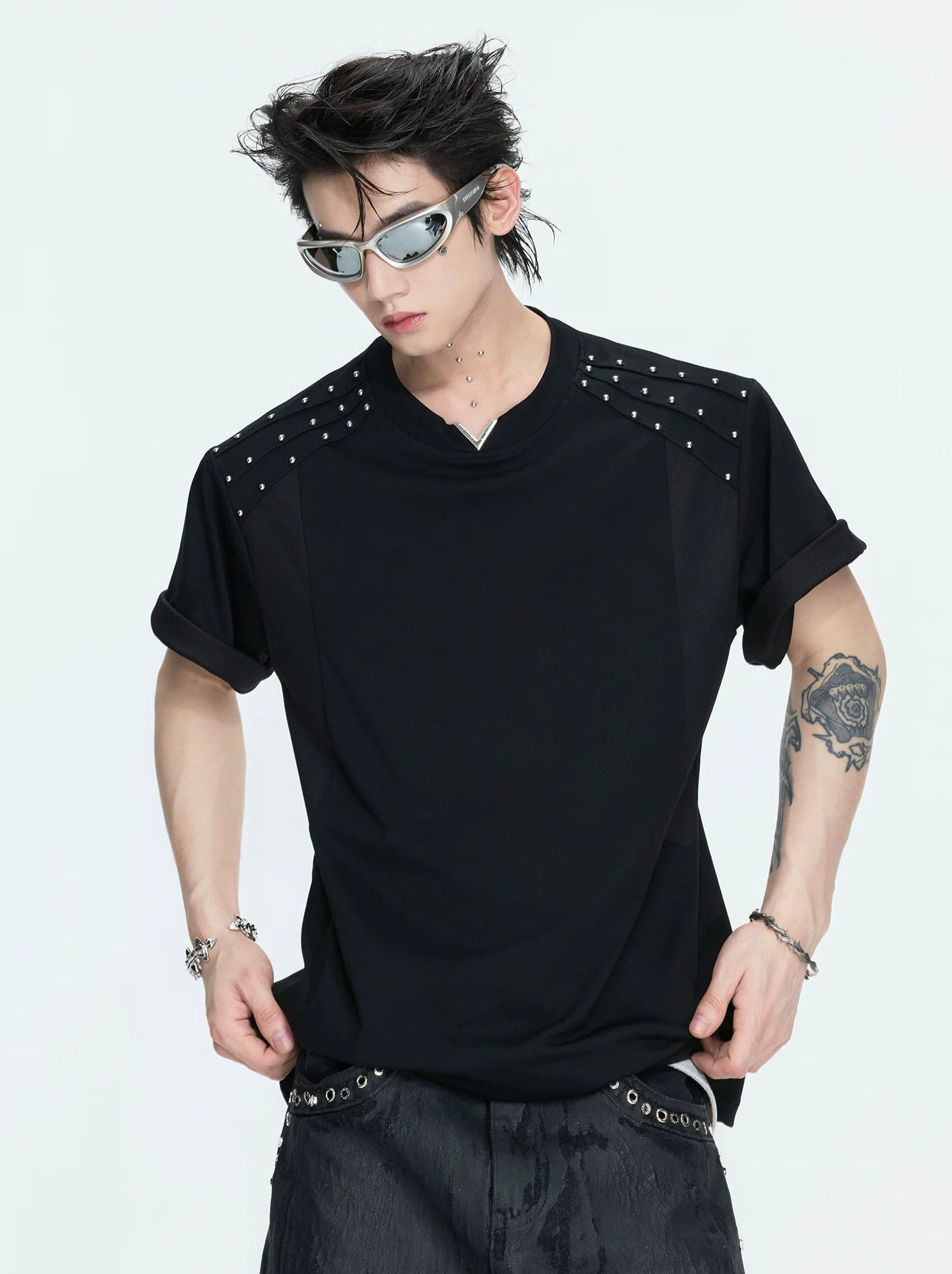 【26s May】Pleated Studded Boxy V-Neck Mesh Lined Tee