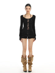 【26s Feb.】Lace Patchwork Cross Cut-Out Long-Sleeve Slim Fit Top