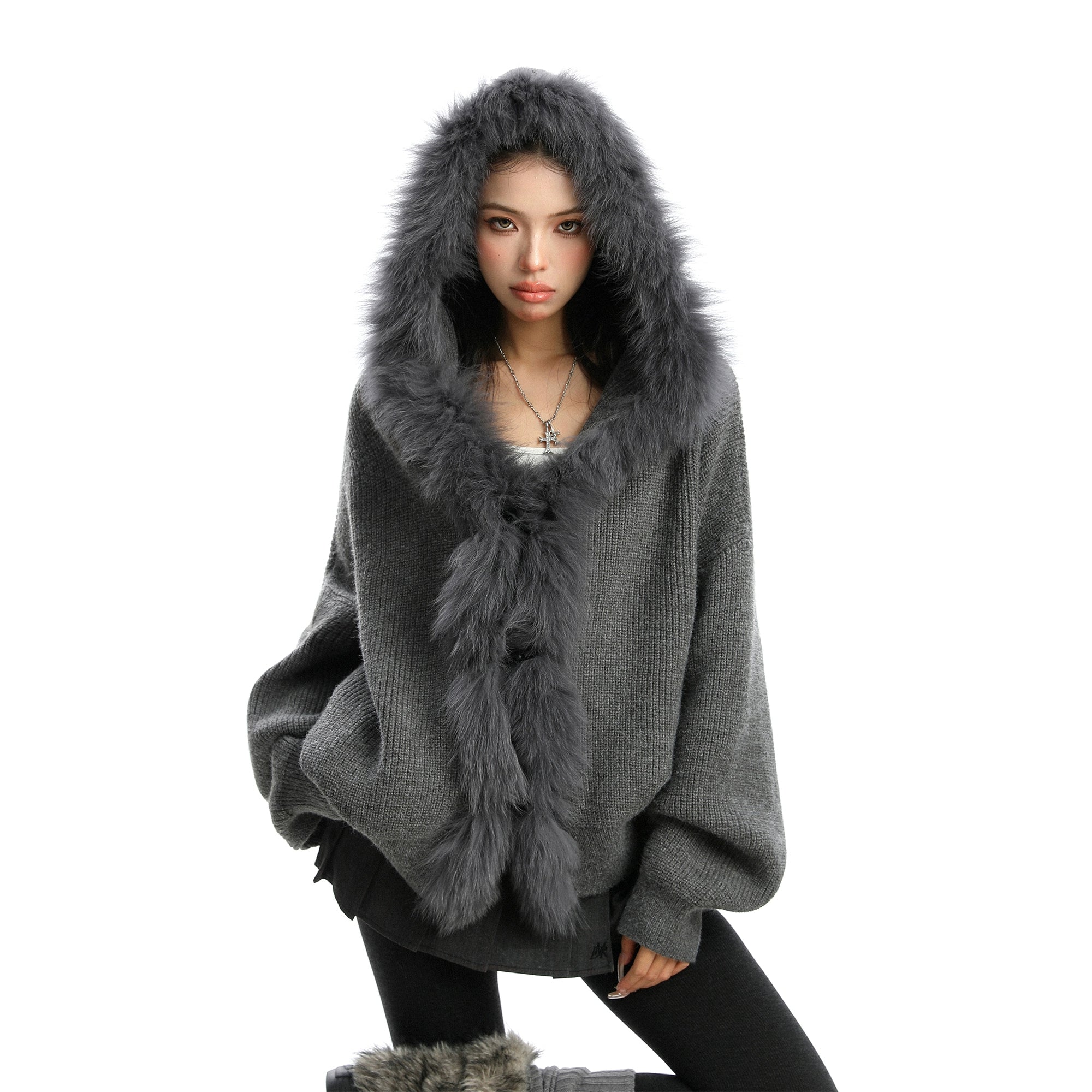【25s Nov.】Large Fur Collar Hooded Cardigan