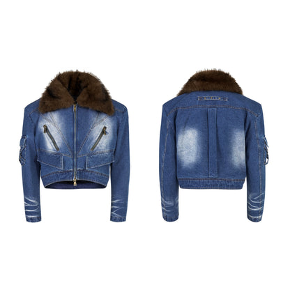 【25s Oct.】Plush Patchwork Denim Distressed Design Jacket / Jeans