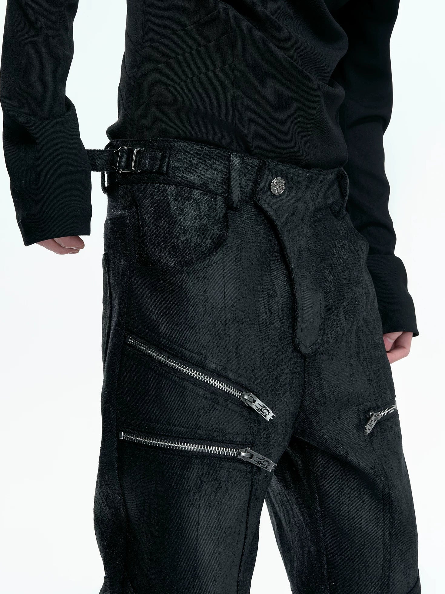 【26s May】Waxed Distressed Zip Panel Straight Denim Pants