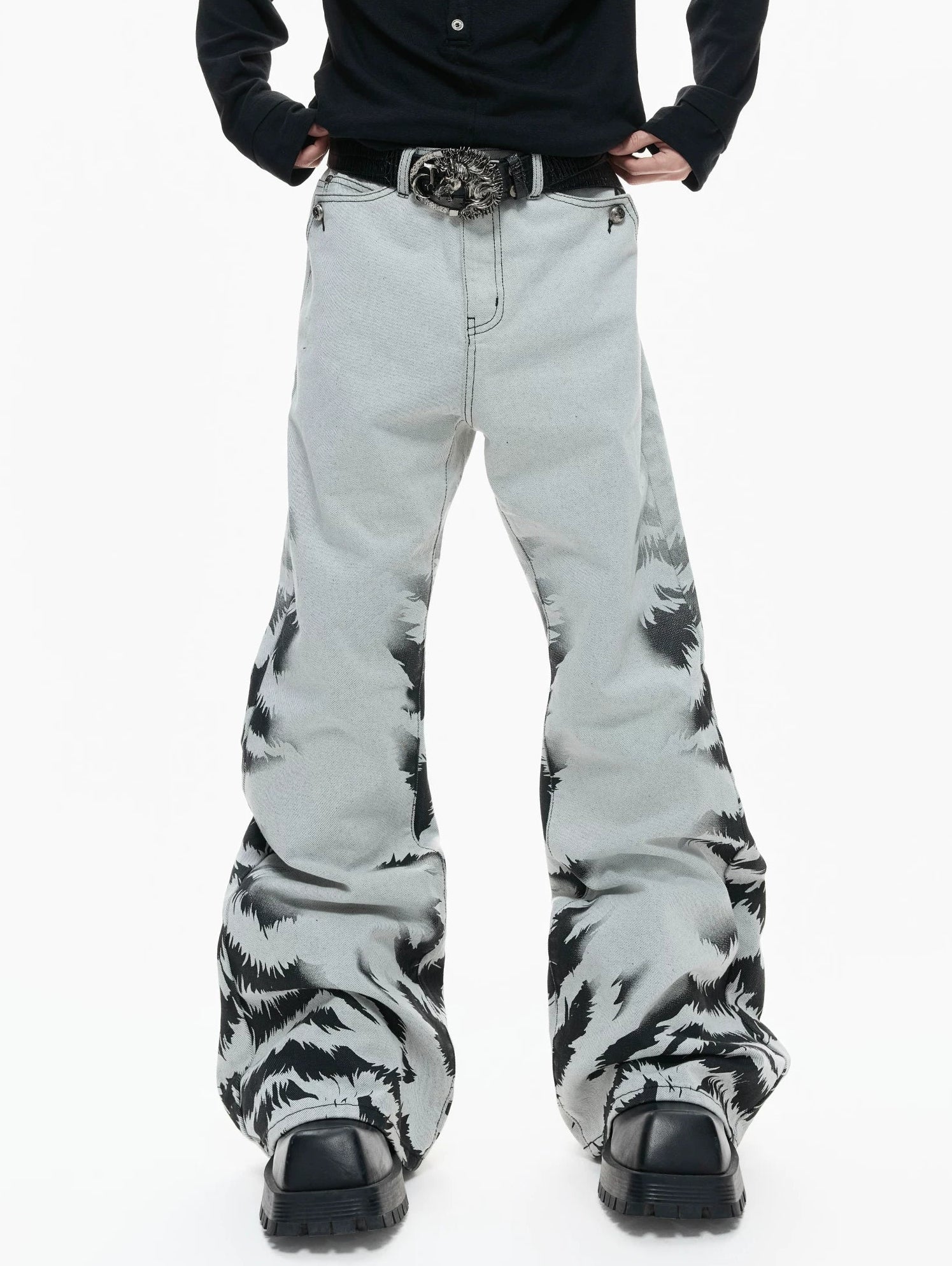 【26s Apr.】Distressed Tiger Tie-Dye Straight Flared Denim Pants