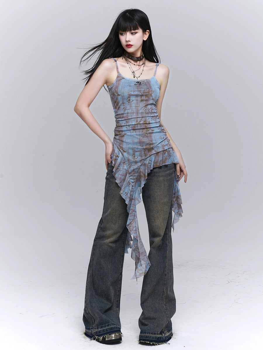 【25s Jul.】Ruffled Asymmetric Hem Strappy Tank